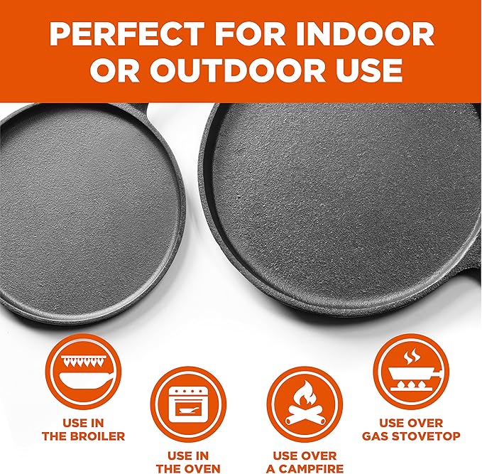 Griddles 3-Piece Pre-Seasoned Cast Iron Set in 8, 10 and 12 Inch Sizes