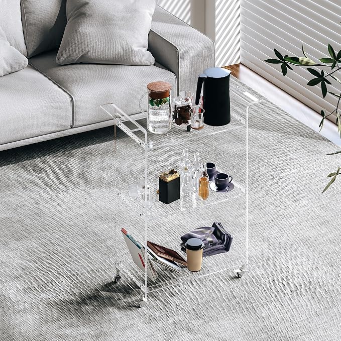 Dethan Acrylic Bar Cart – Clear 3-Tier Utility Rolling Serving Cart - Image 2