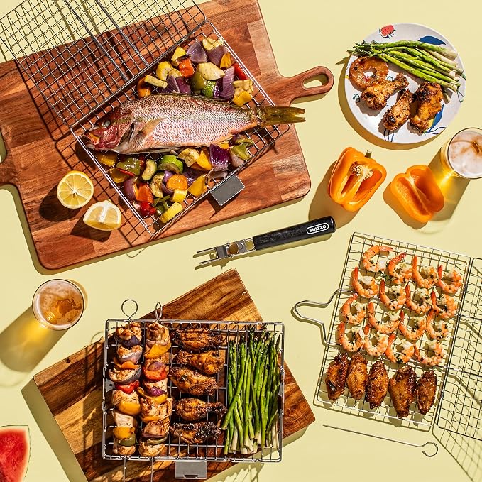 SHIZZO Grill Basket Set, Barbecue BBQ Grilling, Stainless Steel Folding - Image 7