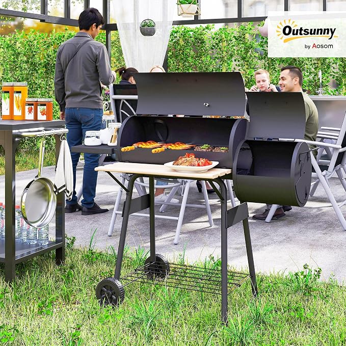 Outsunny 48" Portable Barrel Charcoal BBQ Grill, Steel Outdoor Barbecue Smoker - Image 2